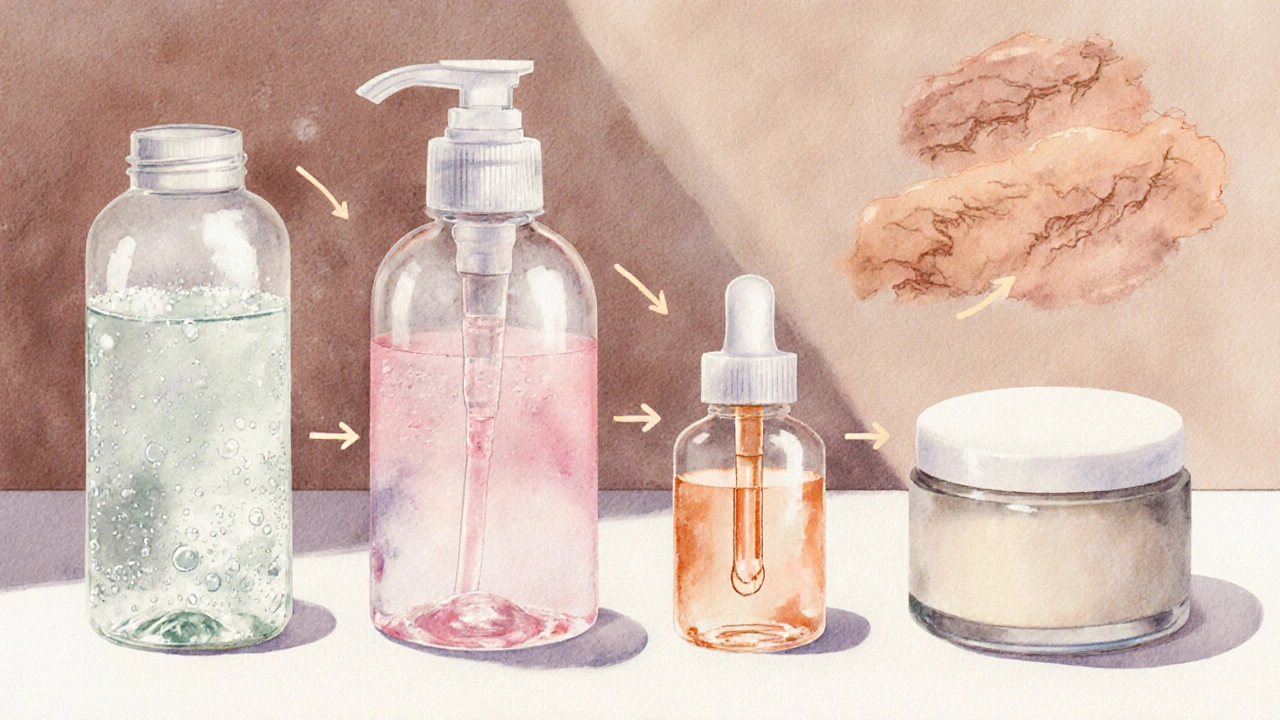 Čtyřkroková rutina péče o pleť – čisticí gel, tonik, sérum s vitamínem C a hydratační krém.