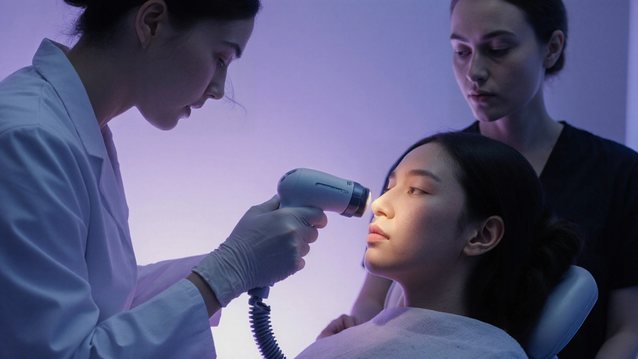 Dermatolog provádí laserovou terapii na tváři pacienta v klinice.