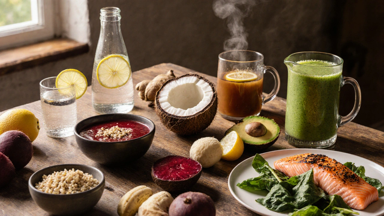 Fotorealistické pohoštění detox nápojů a jídel: citronová voda, kokosová voda, zázvorový čaj, smoothie, řepná polévka, losos, quinoa a salát.