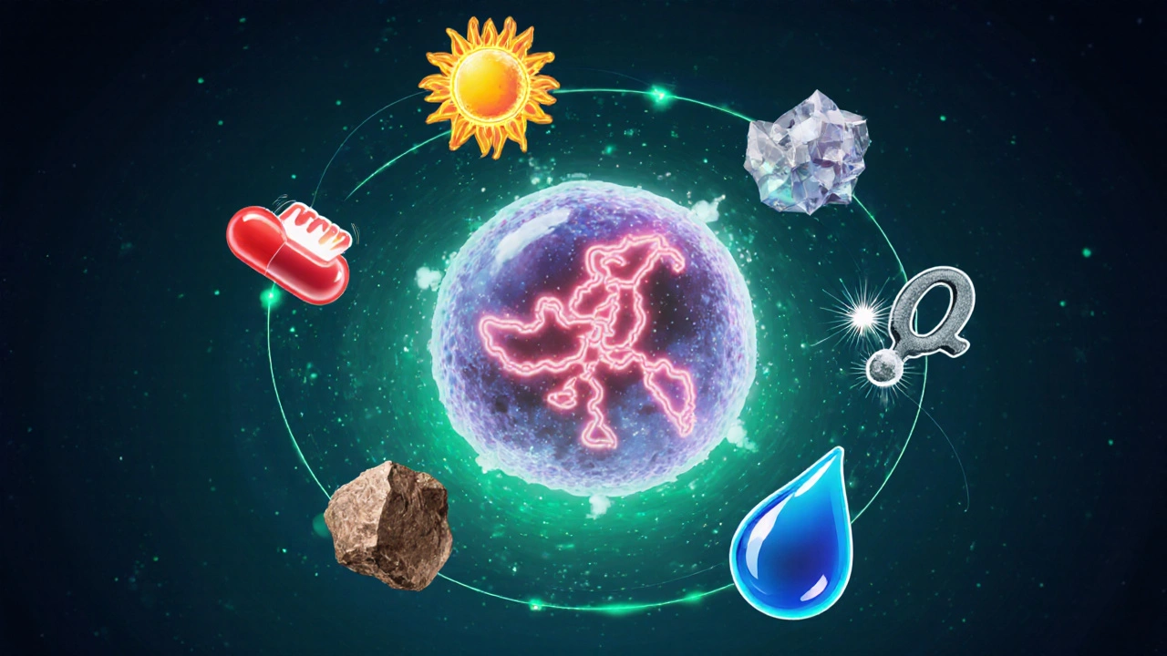 Ikony B12, D, železa, hořčíku, CoQ10 a omega‑3 obklopují buňku s jasně svítícími mitochondriemi.