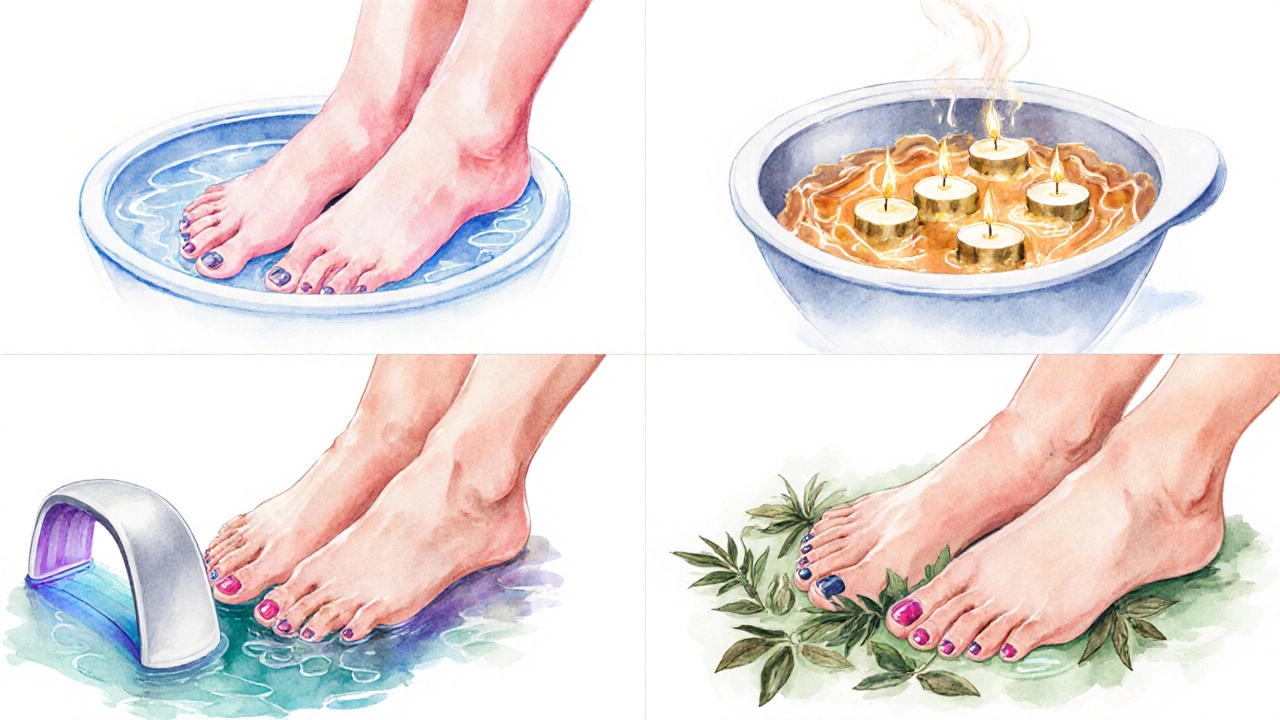 Ilustrace čtyř typů pedikúry – klasické, SPA s parafinou, gelové a speciální detoxikace.