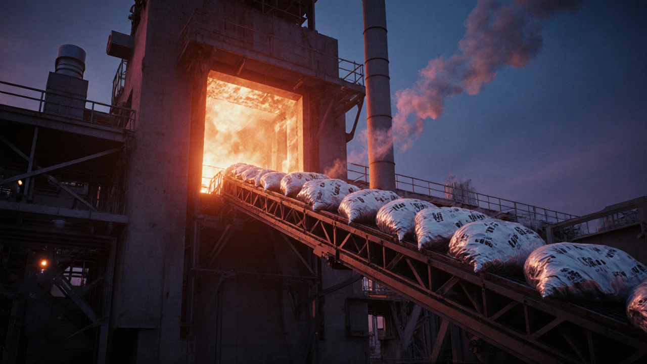 Industriální zařízení spaluje balení léků v žhavém peci při soumraku.