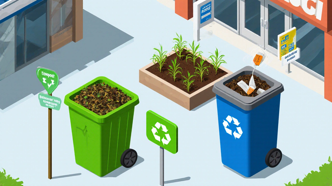 Kompostový hromada s čajovými lístky a recyklační kontejnery v městském parku.