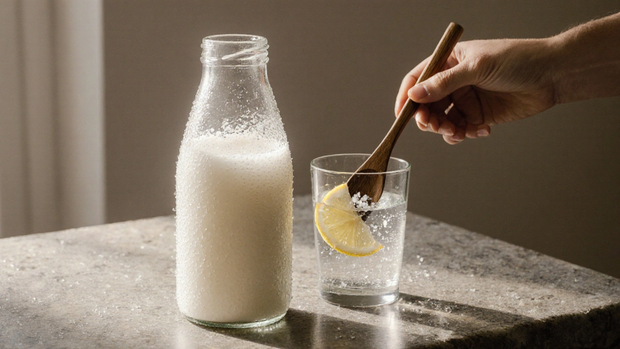 Nehřátý kefír ve skleněné láhvi s vodou, citronem a sůlí na kamenité desce.