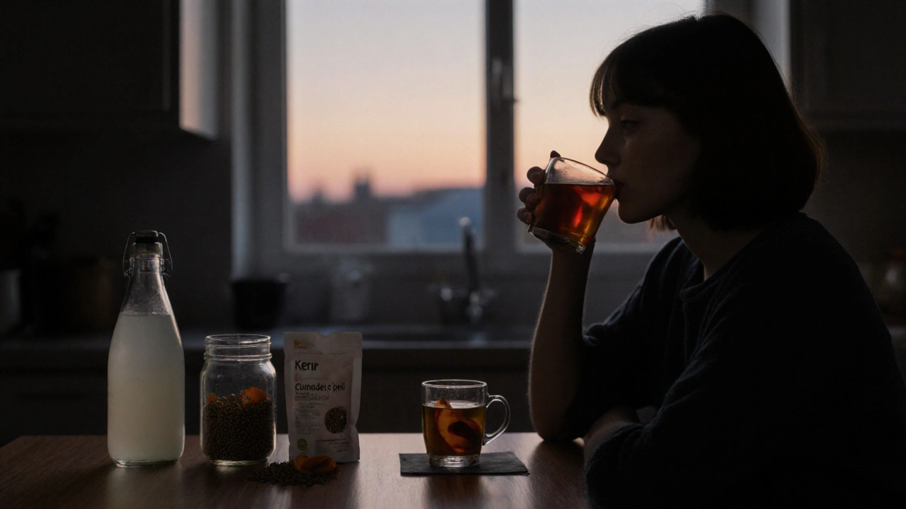 Osoba pije čaj v klidné kuchyni s sušenými meruňkovými kůry a kefírem na stole.
