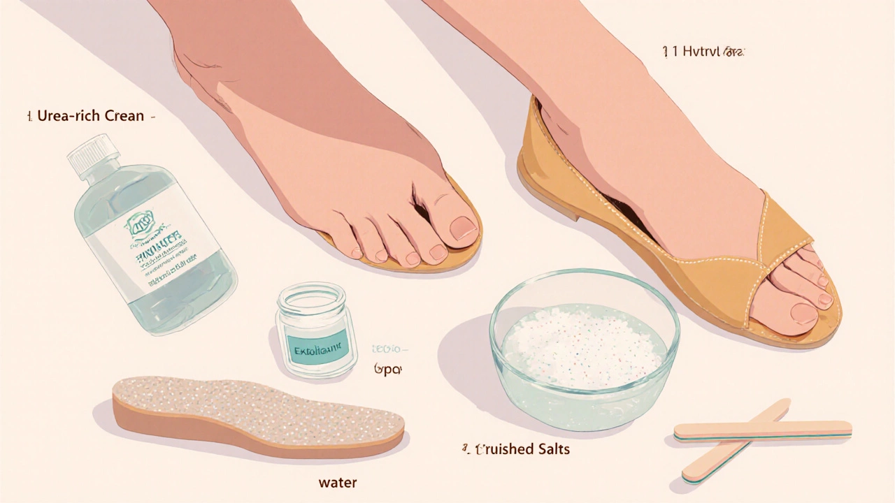 Ploché uspořádání: krém, peeling, solná koupel, podpůrná obuv a pilníky.