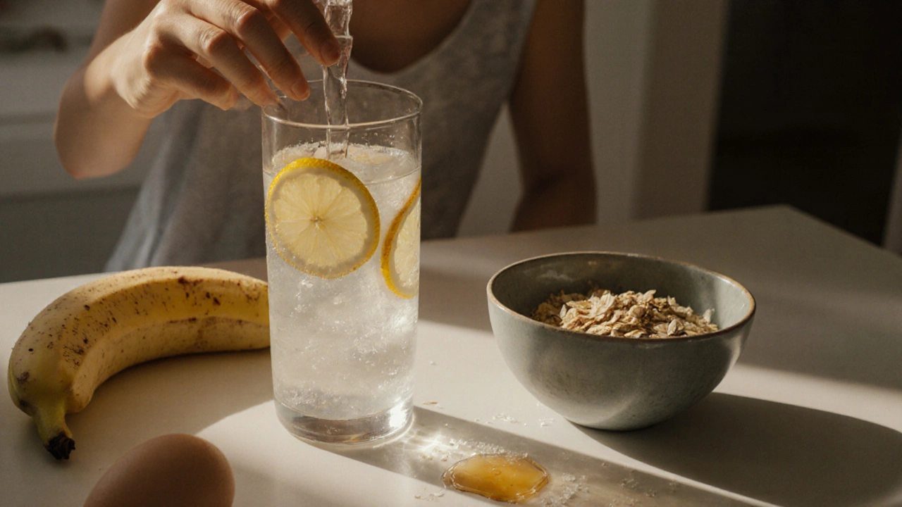 Příprava přirozeného nápoje na zotavení s kokosovou vodou, citronem a medem na kuchyňském stole.