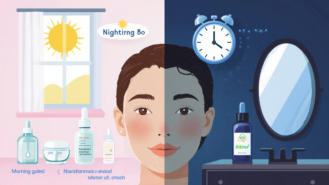 Ranní a večerní rutina: čistící gel, niacinamid, ceramidy, retinol a kyselina hyaluronová – zdravá a vyživená pleť.