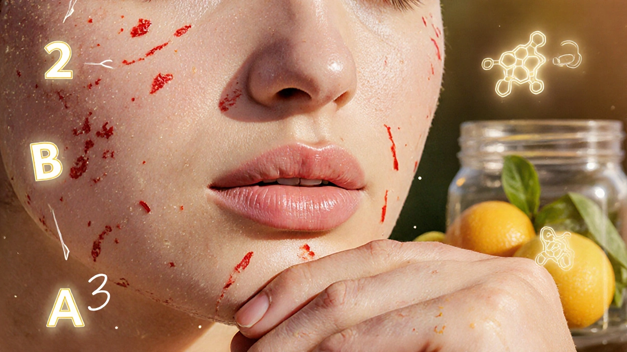 Suchá, štěpící kůže kolem úst a rukou s vitamíny v pozadí