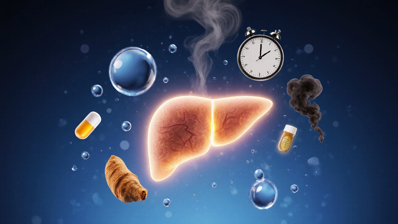 Symbolický obraz jater s detoxikačními prvky jako voda, kurkuma a vitamíny v odstínech zlata a modré.