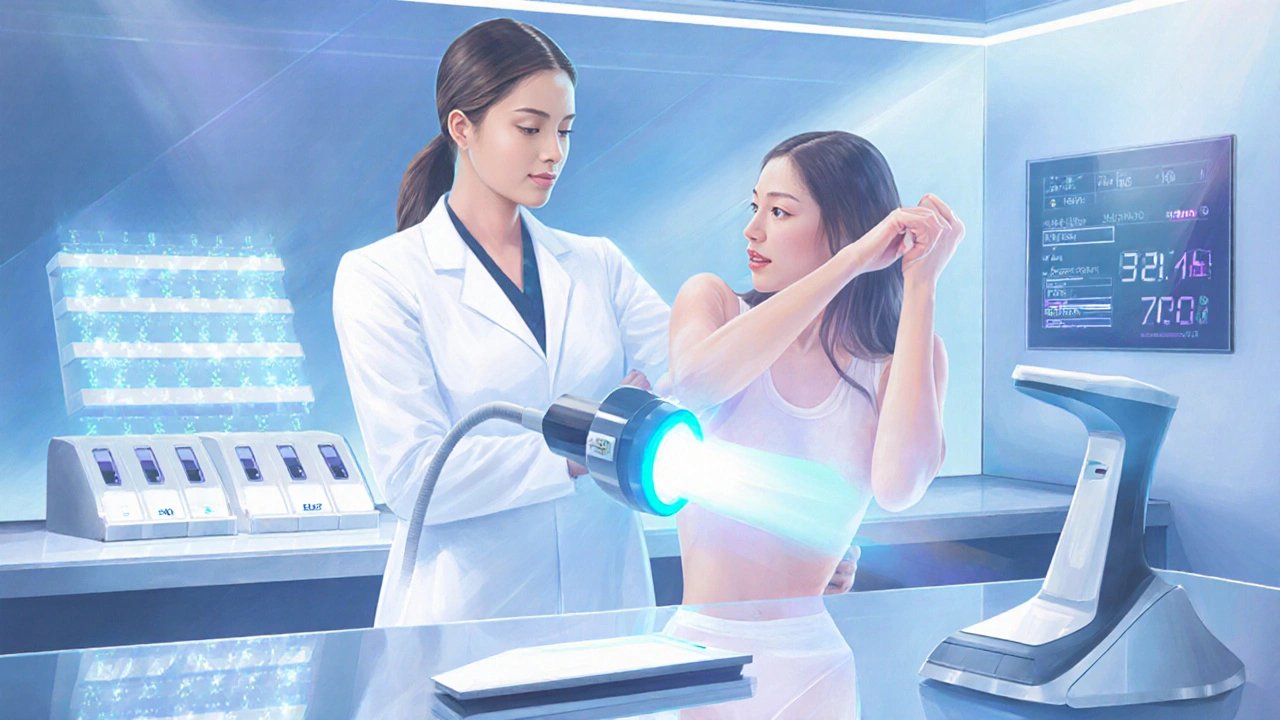 Technik používá laser na podpaží ženy v klinice.