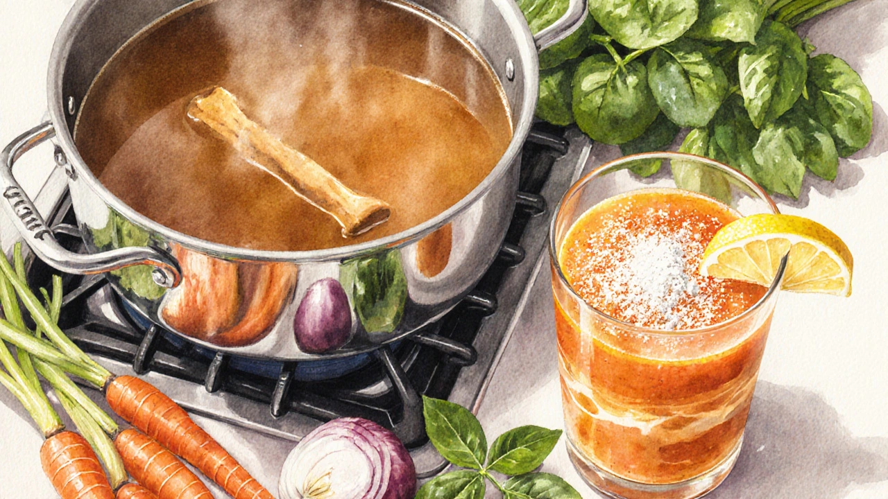Vaření kostního vývaru s kořenovou zeleninou a smoothie s pomerančem a kolagenem.