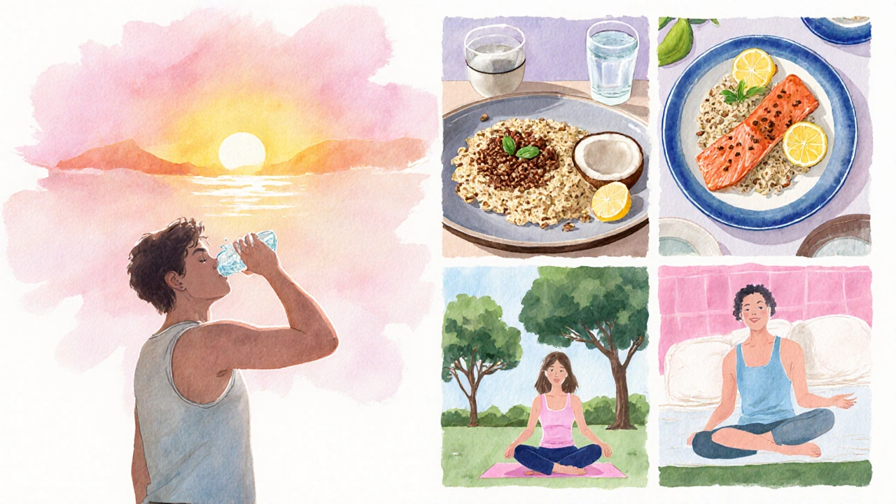 Vodová ilustrace osoby provádějící 24‑hodinový detox: ranní citronová voda, strečink, snídaně, oběd, jogu a večerní vodu.