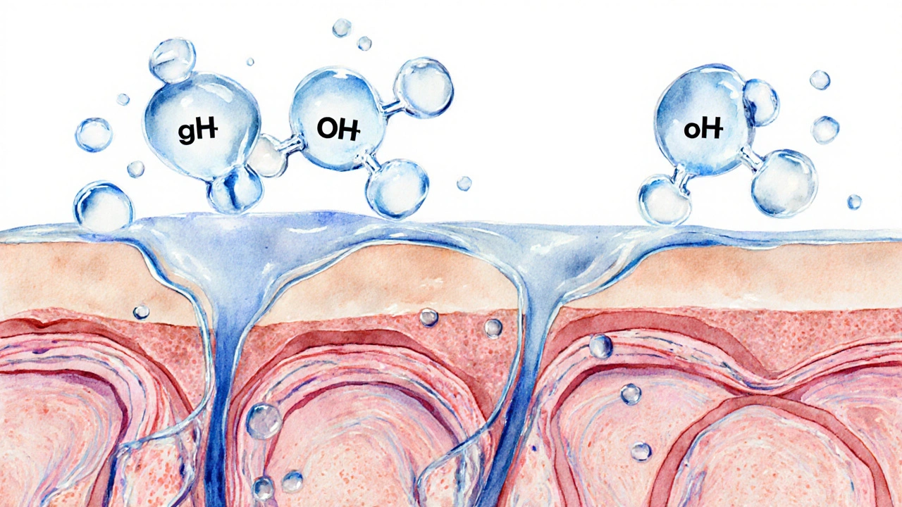 Vodová ilustrace ukazující glycerinové molekuly navazující vodu na pokožku.