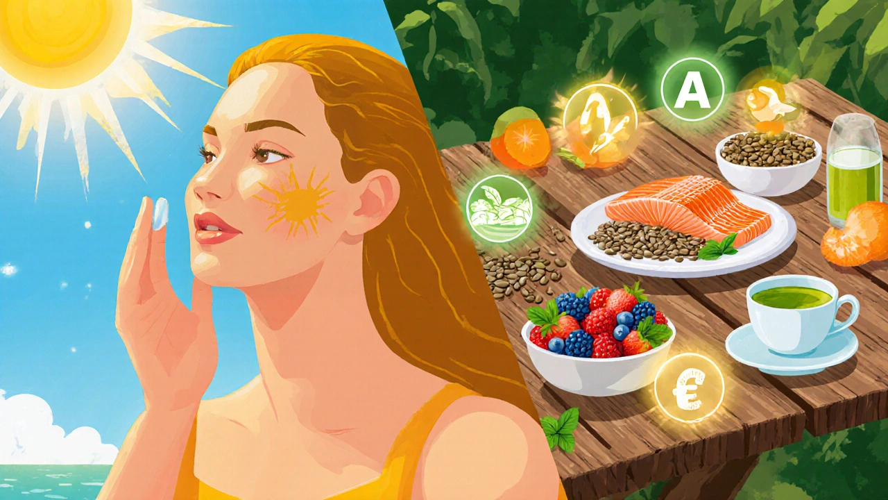 Žena aplikuje opalovací krém a vedle ní jsou zdravé potraviny bohaté na omega‑3 a vitamíny.