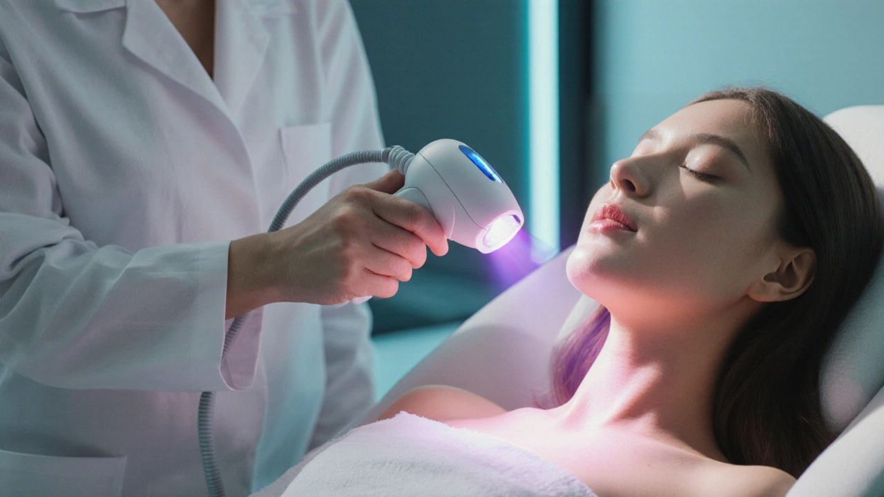 Žena leží v klinice, technik používá laser na stehno, chladné bílé osvětlení, moderní prostředí.