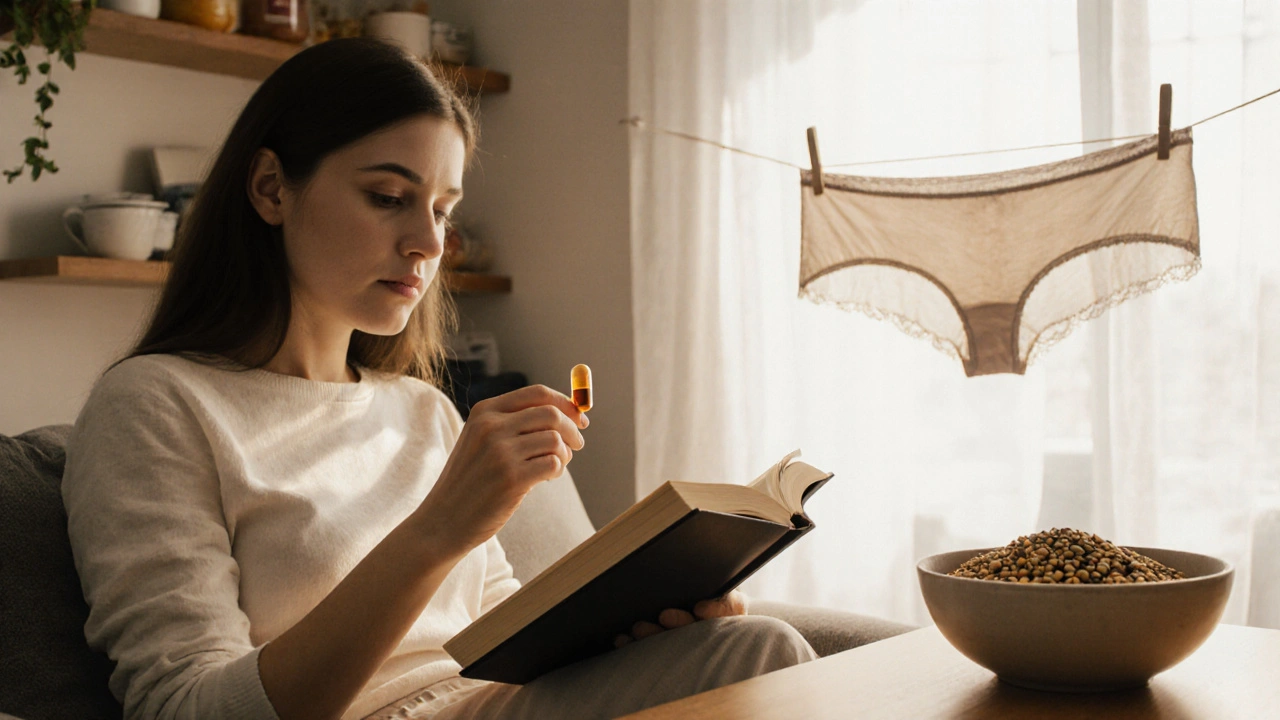 Žena užívá probiotika a jí potraviny bohaté na rostlinné estrogény.