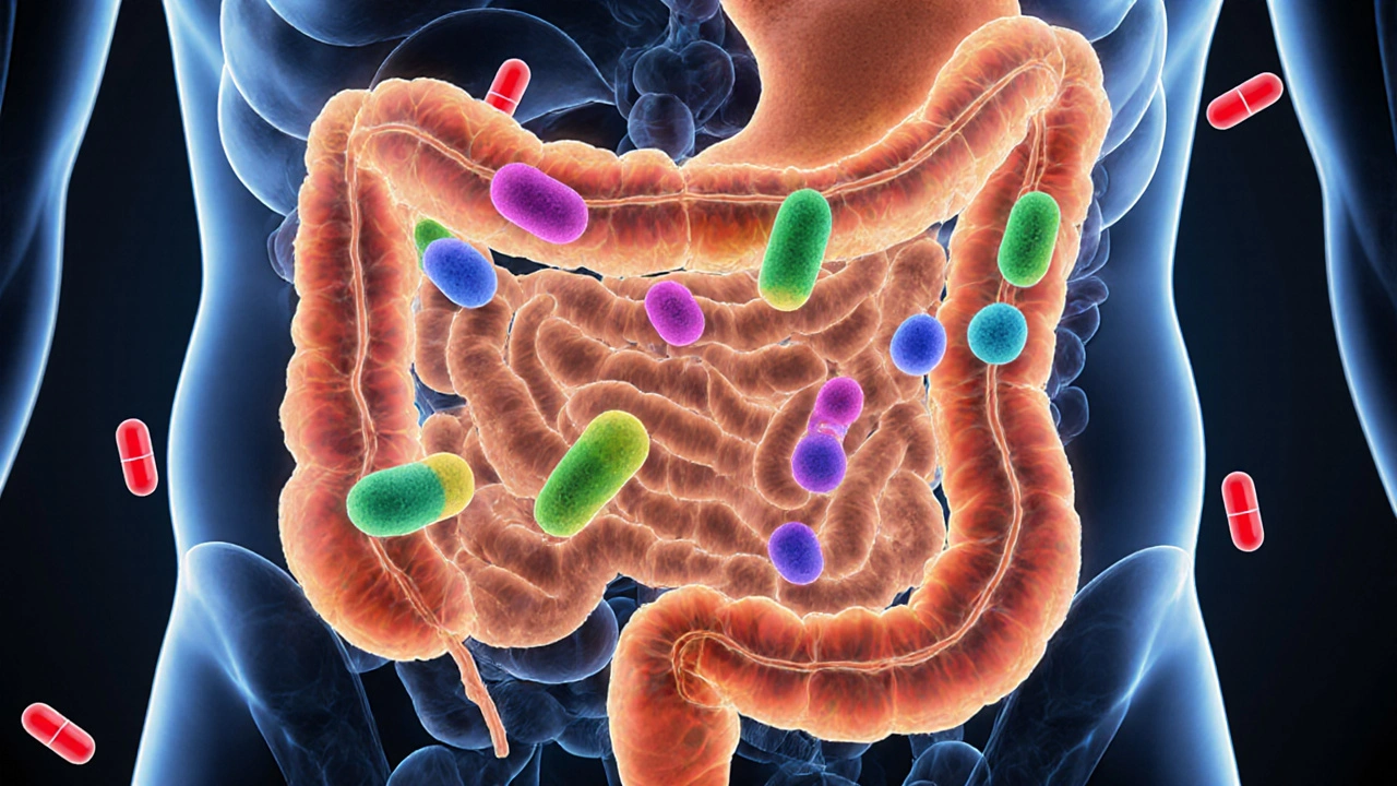 Abstraktní znázornění střevní mikroflóry obnovující rovnováhu po antibiotikách.
