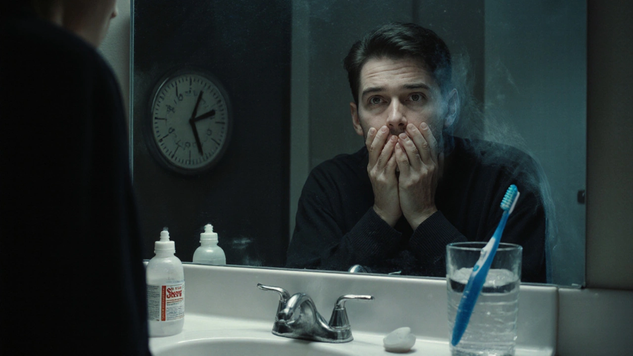 Člověk se dívá do zrcadla ráno, ruce se třesou, obličej je bledý a potný.