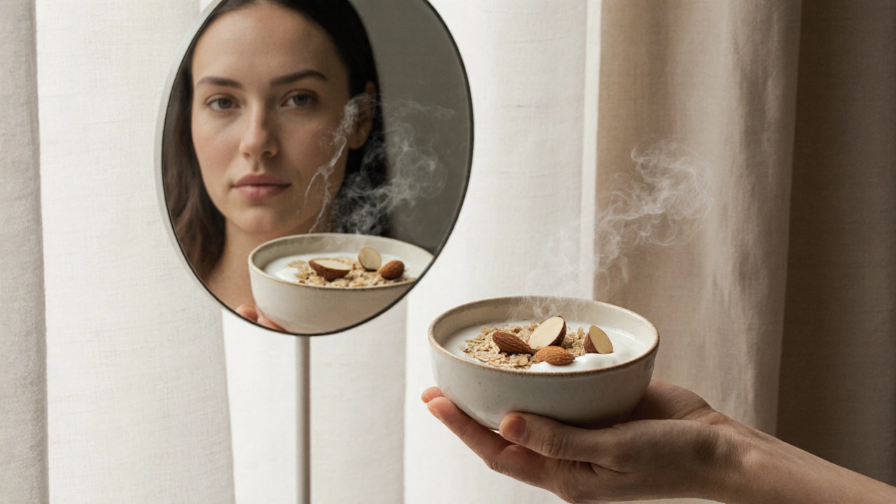 Domácí peeling z ovesných vloček a jogurtu na keramické mísečce.