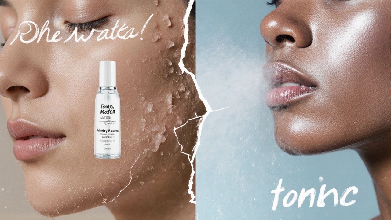 Dvě části obličeje: jedna suchá s pleťovou vodou, druhá znečištěná s tonikem.