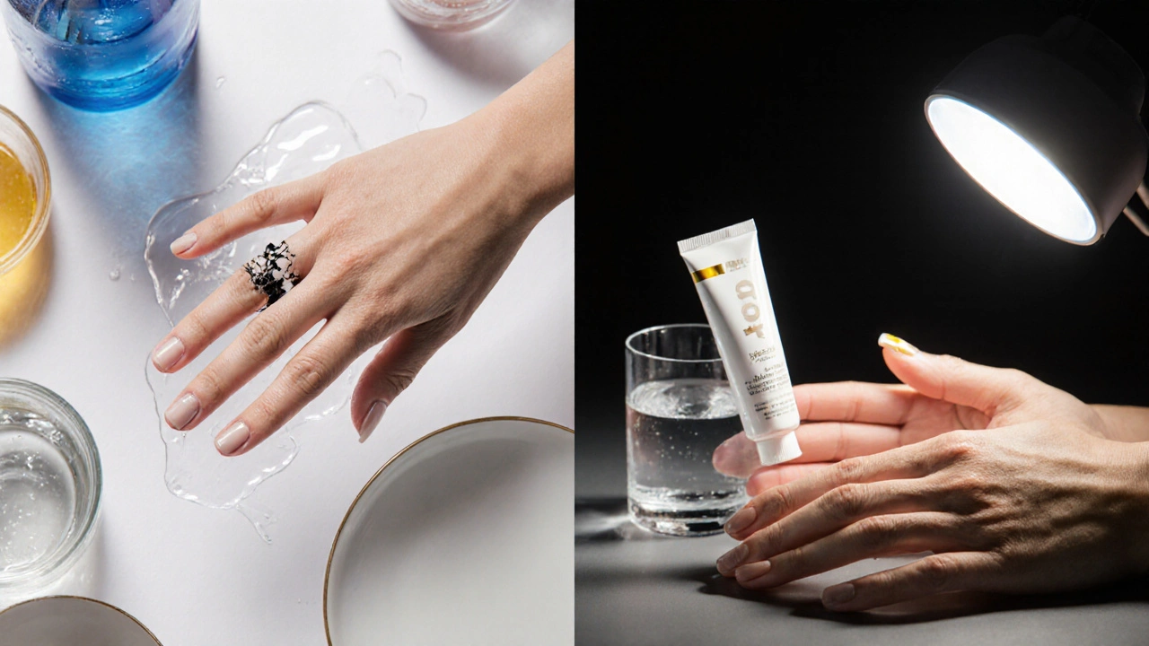Dvě ruce: jedna s poškozenou manikúrou vedle nádobí, druhá s dokonalou manikúrou pod LED lampou, symbolizující rozdíl mezi špatnou a správnou péčí.