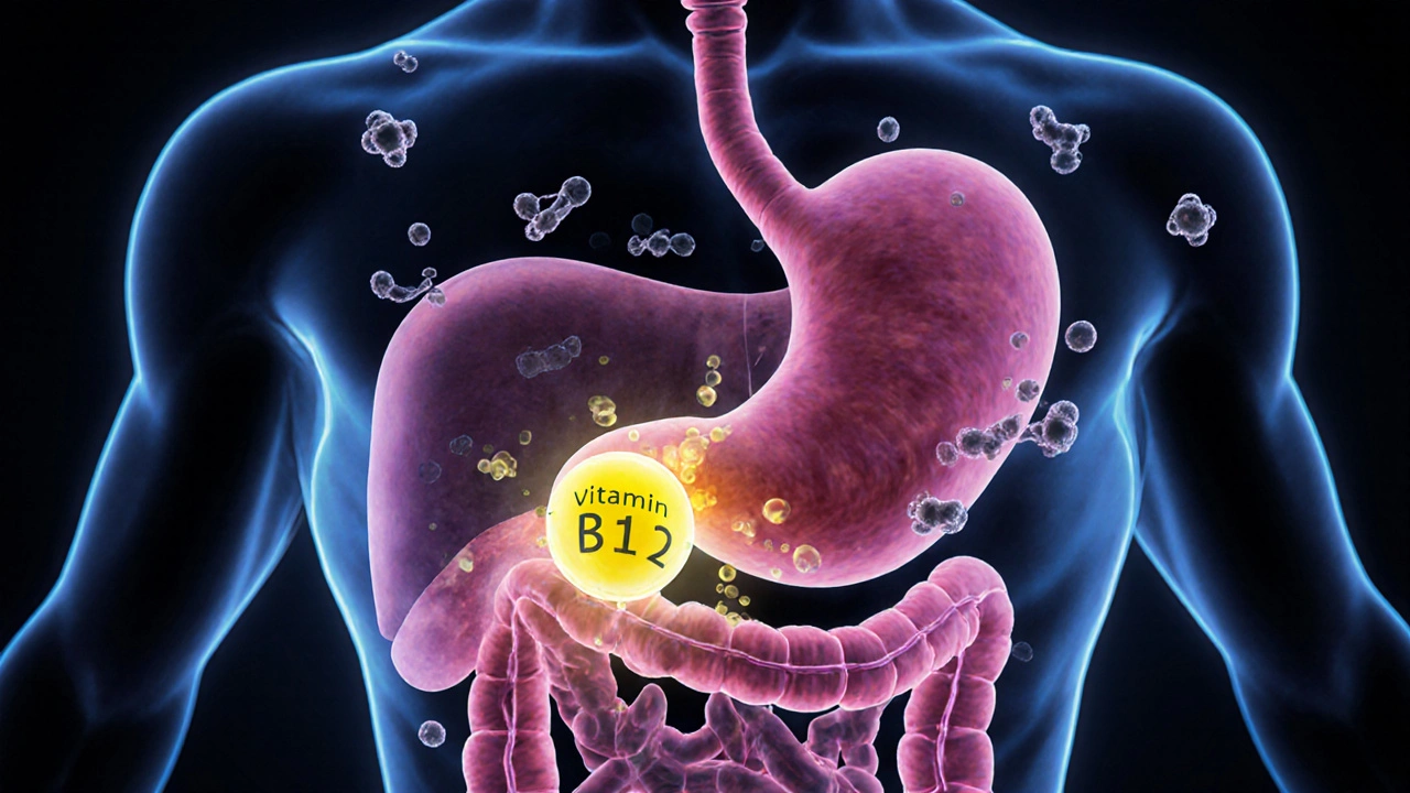 Grafické znázornění vstřebávání vitamínu B12 v žaludku.