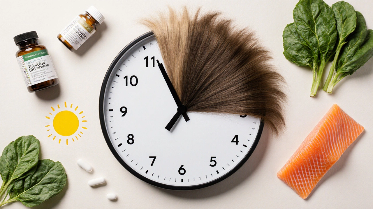 Hodiny s vlasy místo ručiček, ukazující postupný vývoj od poškozených k zdravým vlasům.