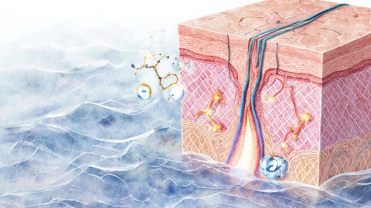 Křížový řez kůže s kolagenovými vlákny obnovovanými vitaminem C a zinkem.