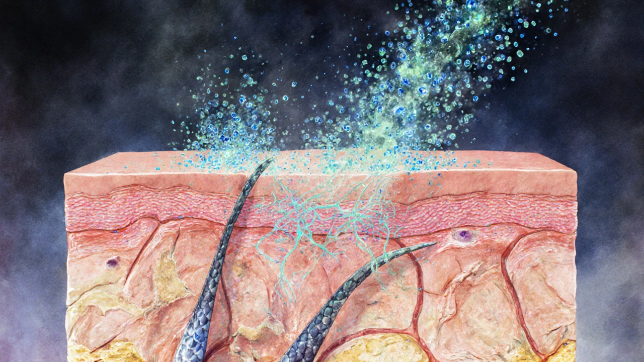 Křížový řez kůže s obnovou kolagenových vláken z mořských molekul.
