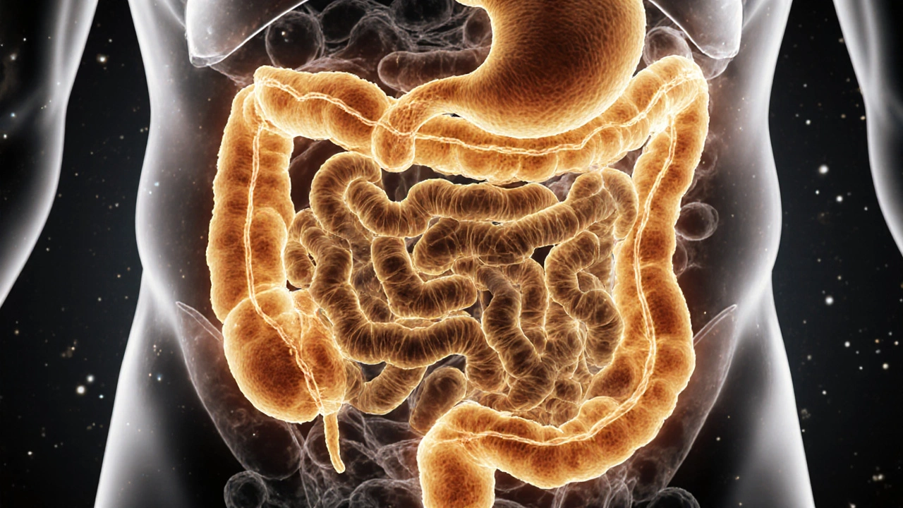 Mikroskopický pohled na zdravé střevo s živými probiotickými bakteriemi.