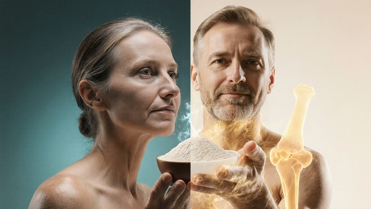 Muž a žena s oživenou pokožkou a vlasy, držící mořský kolagen, za nimi kontrast starého a mladého těla.