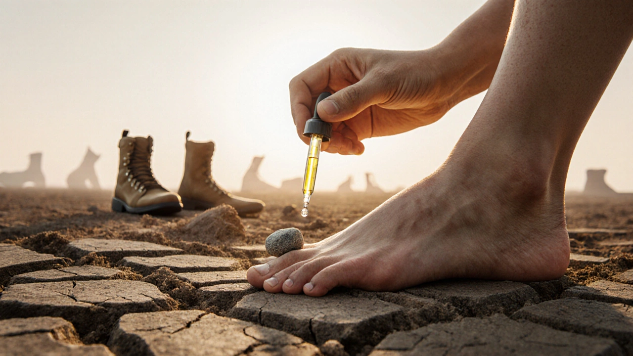 Noha jako krajina — praskliny na patách, ruka aplikuje olej, zlaté světlo symbolizuje hojení.