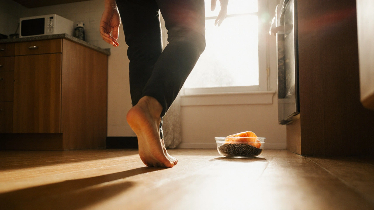 Osoba chodí po bytě ráno, ruka podpírá koleno, za ní jídlo bohaté na omega-3.