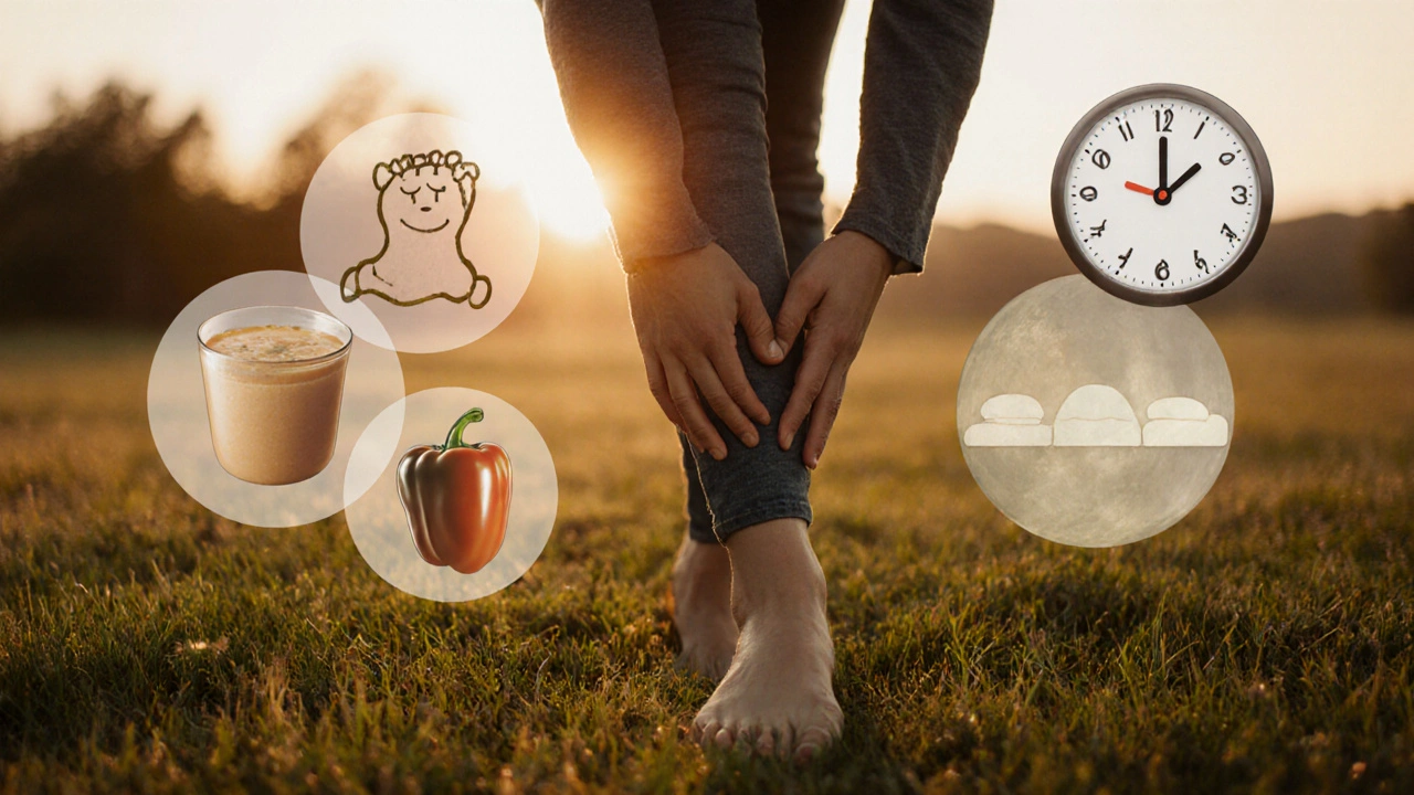 Osoba kráčející na trávě při východu slunce, symbolicky obklopená prvky zdravé výživy a odpočinku.