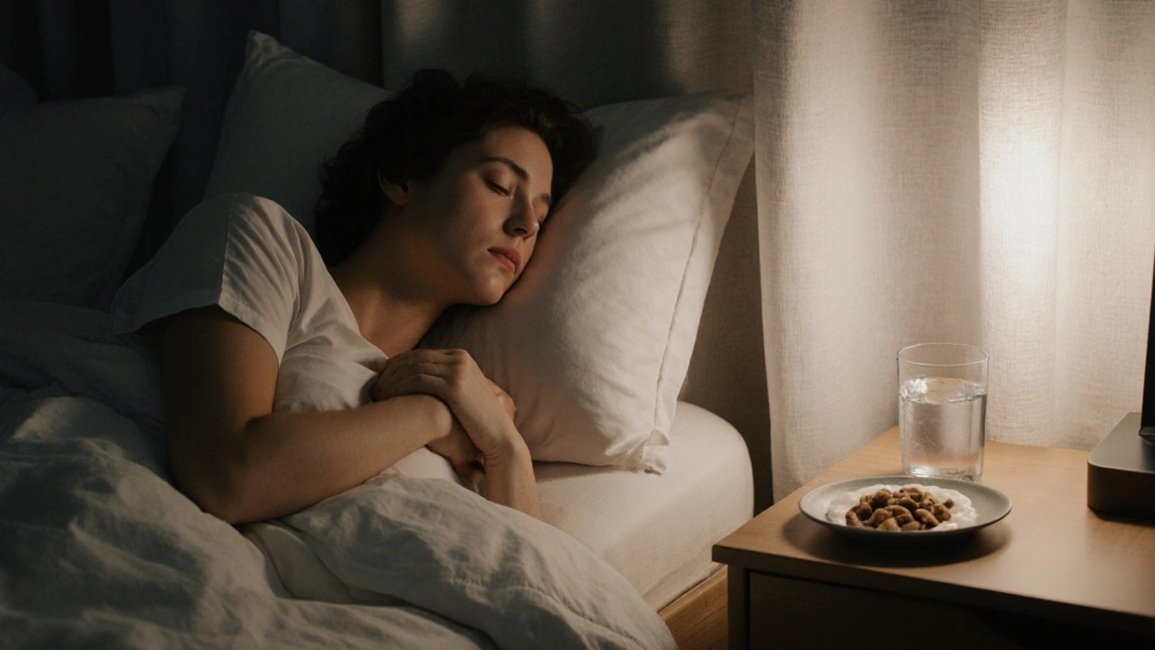 Osoba spí v klidu v noci, měsíční světlo a klidné prostředí bez technologií.