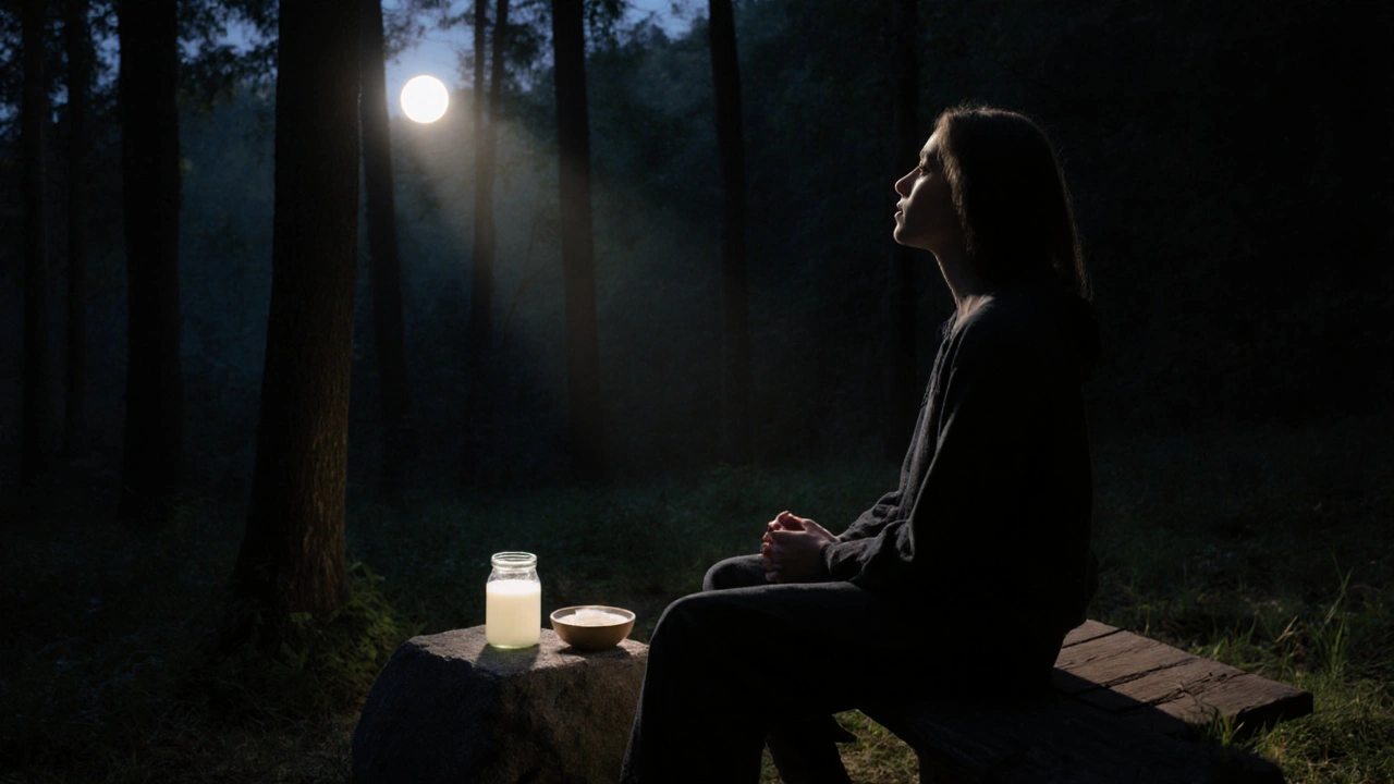 Osoba v klidu v českém lese večer s kefírem a kysaným zelím, klidná atmosféra obnovy