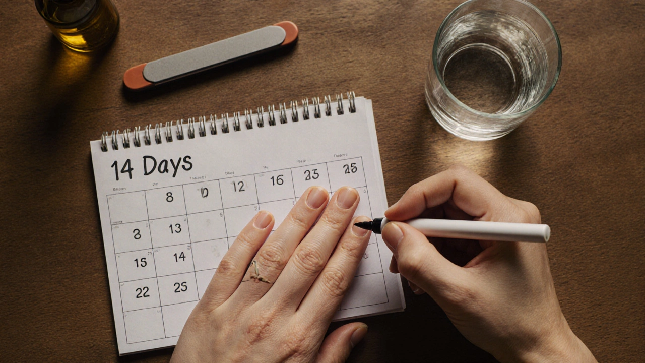 Označená čára na nehtu po 14 dnech s nářadím pro péči o nehty.