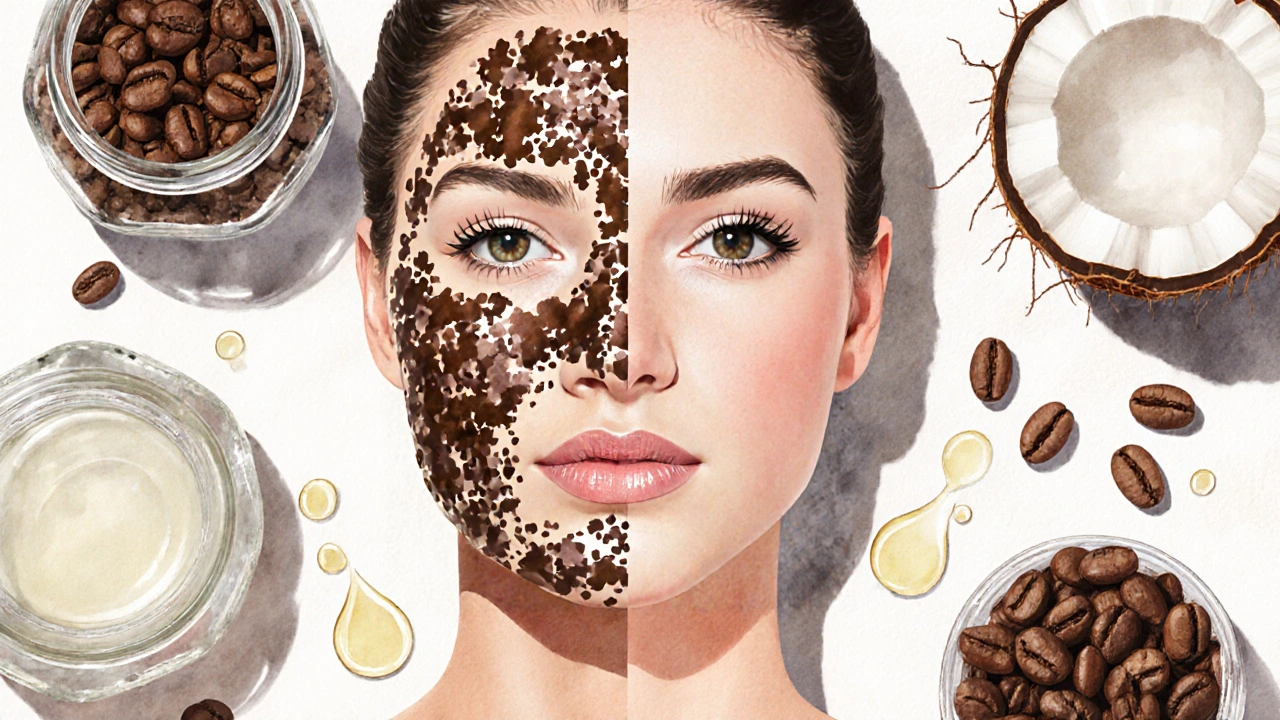 Porovnání matné a zářící pokožky po použití domácího peelingu.