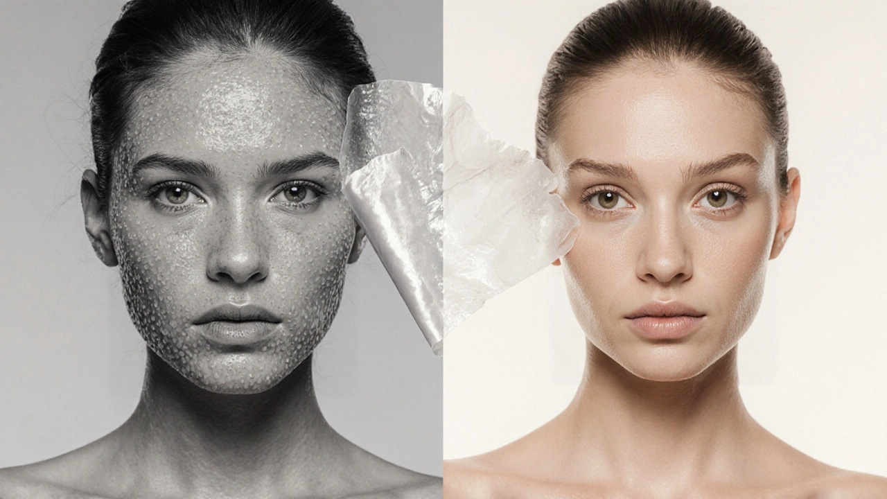 Porovnání pleti před a po použití gommage: ztlumená a nerovná pokožka na jedné straně, lesklá a hladká na druhé.