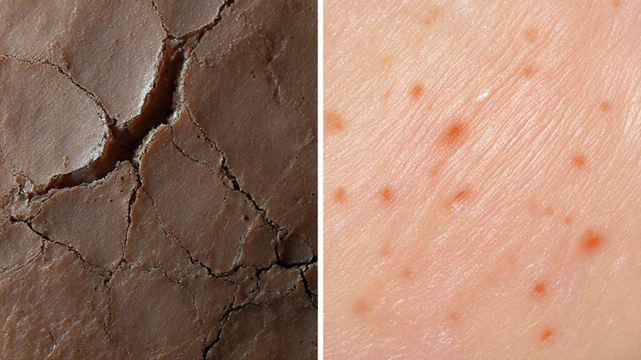 Porovnání poškozené a zdravé kůže s viditelnými rozdíly v bariéře