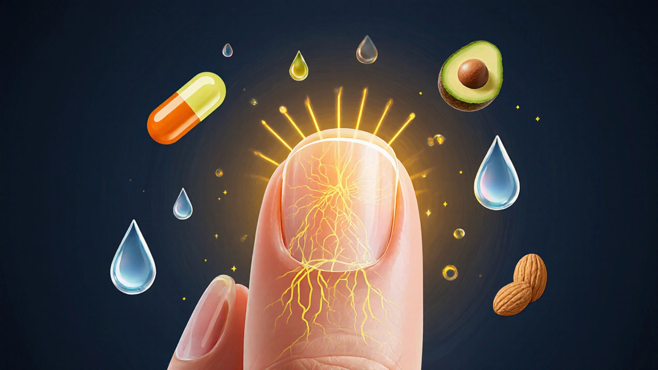 Průhledné nehty s vnitřními výživovými prvky jako zdrojem růstu.