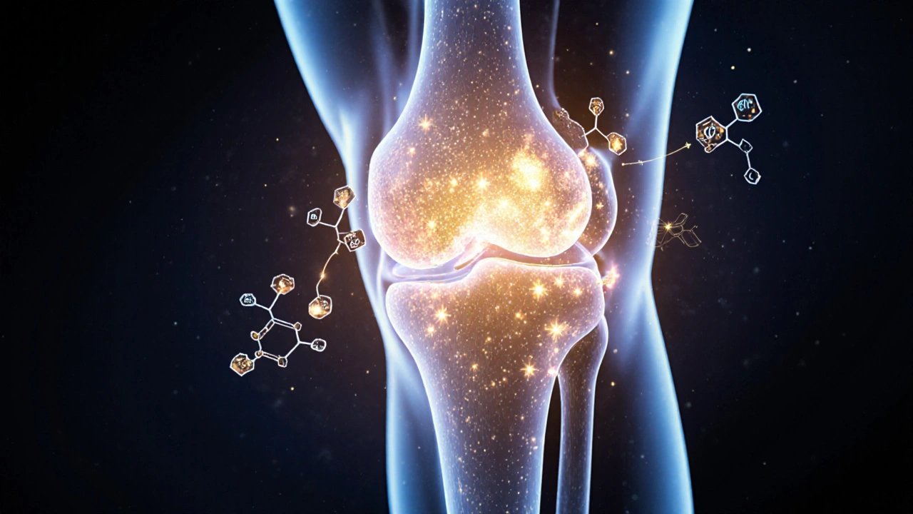 Průřez kloubu s vytvářejícími se kolagenovými vlákny podporovanými vitamínem C a minerály.