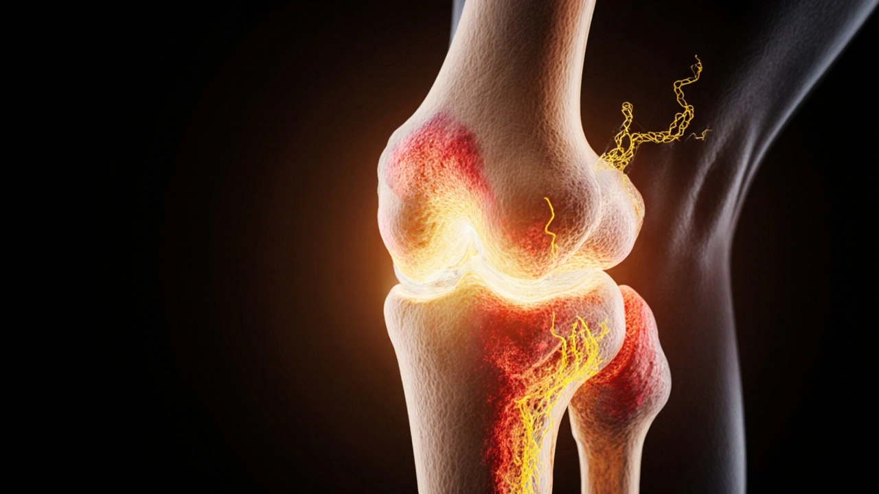 Průřez kolenního kloubu s poškozenou chrupavkou a obnovujícími se kolagenovými vlákny.