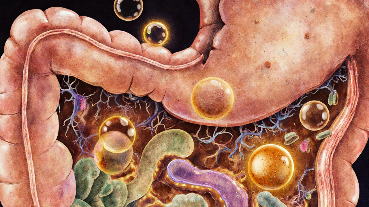 Průřez střev s živými probiotickými bakteriemi a potravinovými částicemi.