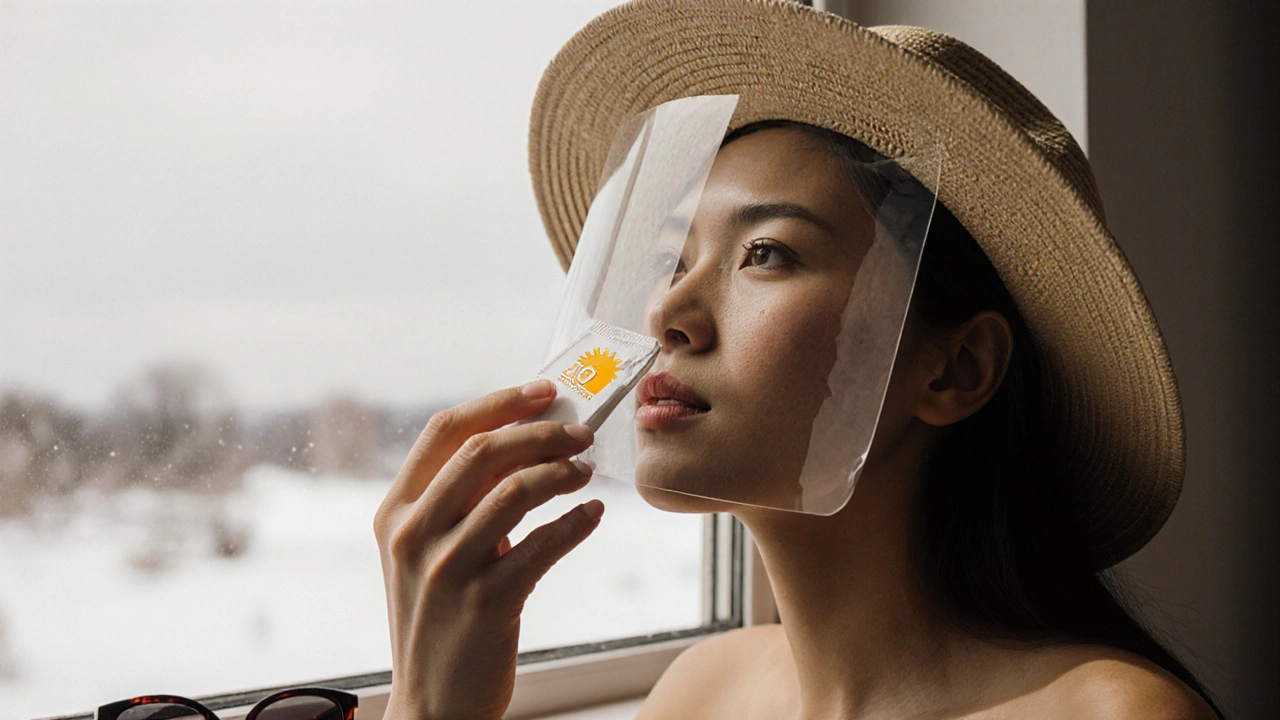 Ruka aplikuje minerální opalovací krém na citlivou pleť po peelingu.