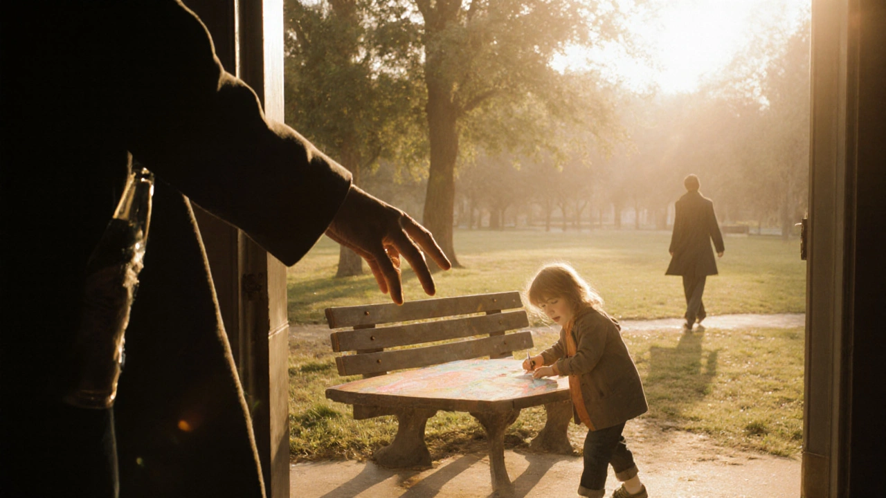 Ruka drží láhev, ale zírá na dítě v slunečném parku — volba mezi závislostí a životem.