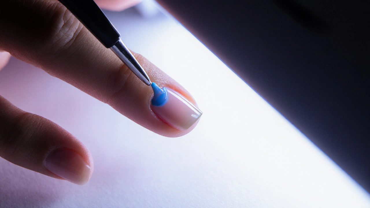 Ruka nanášející tenkou vrstvu barvivého gelu na nehet s přesností