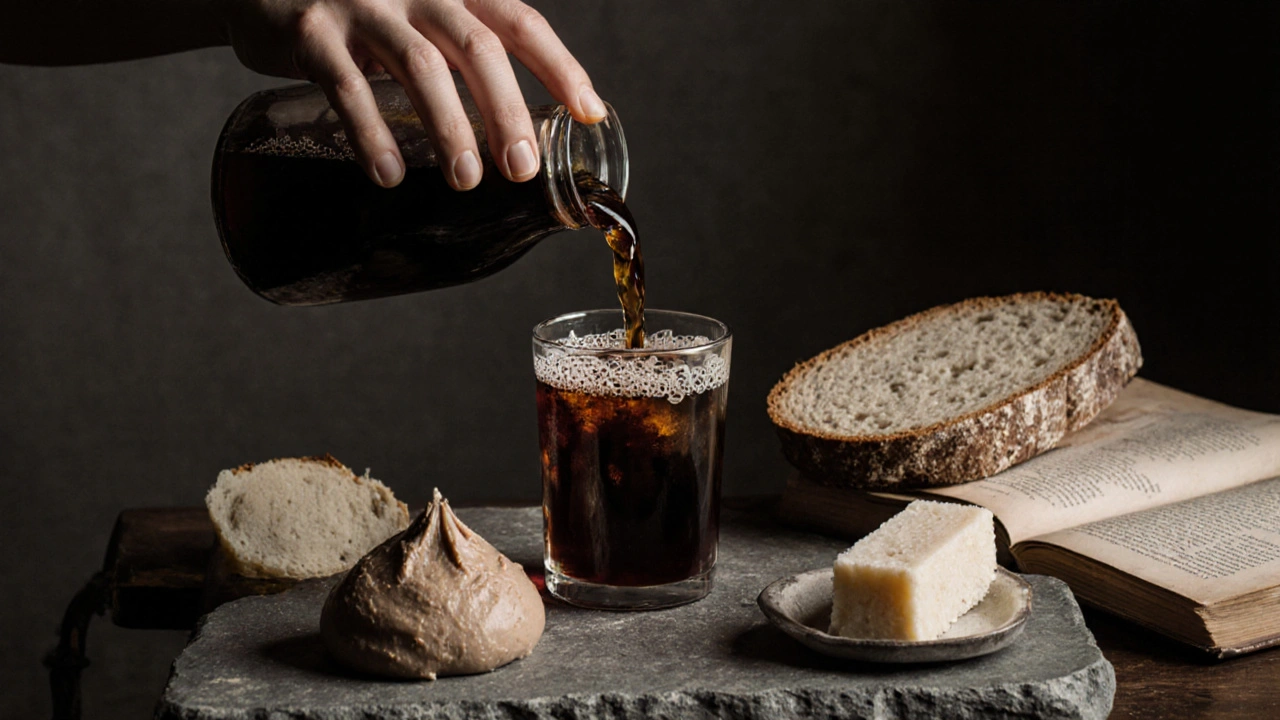 Rukou nalévající kombuču vedle tradičních českých kvašených potravin.