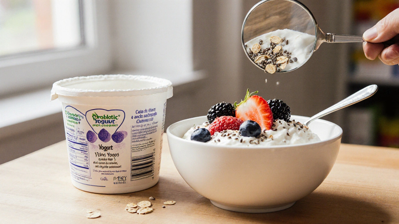 Snídaně s probiotickým jogurtem a přírodními přísadami, s detailním zvětšením štítku.